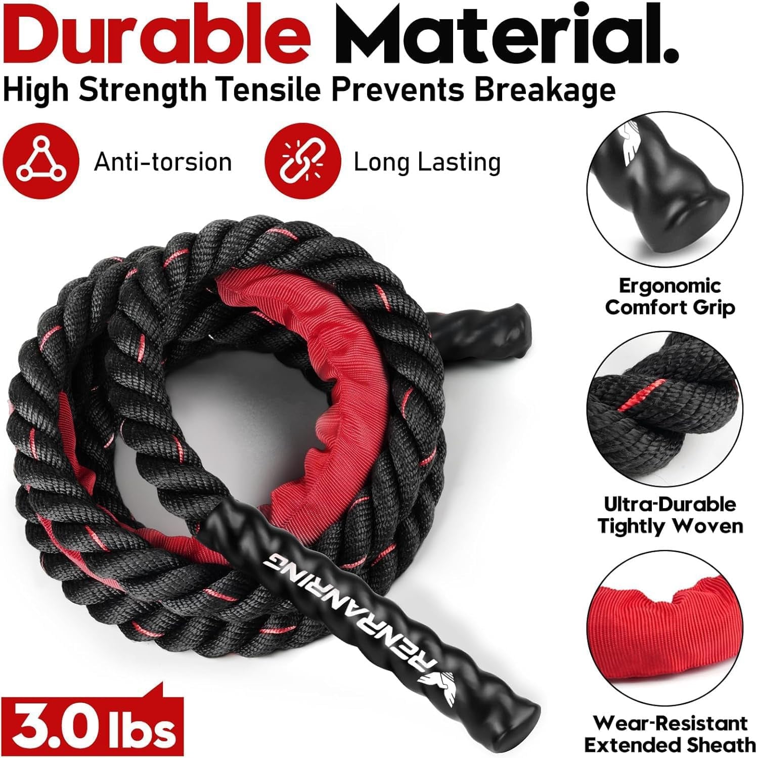 Weighted Jump Rope for Fitness - 9.8Ft Heavy Battle Ropes for Exercise, 3LB Workout Rope for Women & Men, Skipping Rope for Gym Training, Home Workout